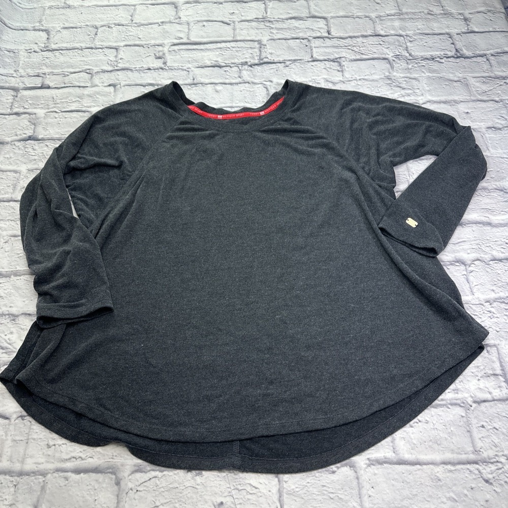 Tommy Hilfiger Sport Womens M Charcoal Gray Long Sleeve High Low Tunic Top Logo